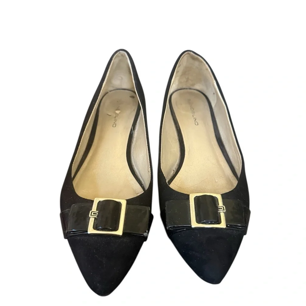 Bandolino Black Pointed-Toe Flats with Gold Buckle